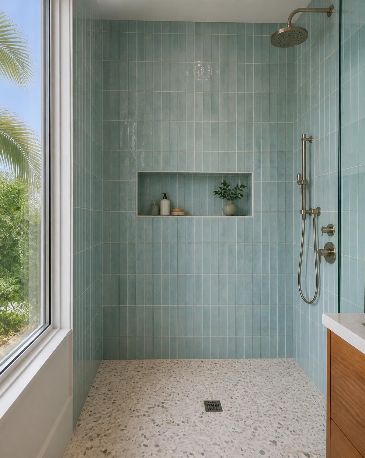 Finished sea-green tile shower with recessed niche and terrazzo floor